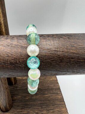 Glass & Faux Pearl Beaded Stretch Bracelet Iridescent Aqua & White Handmade Jewe